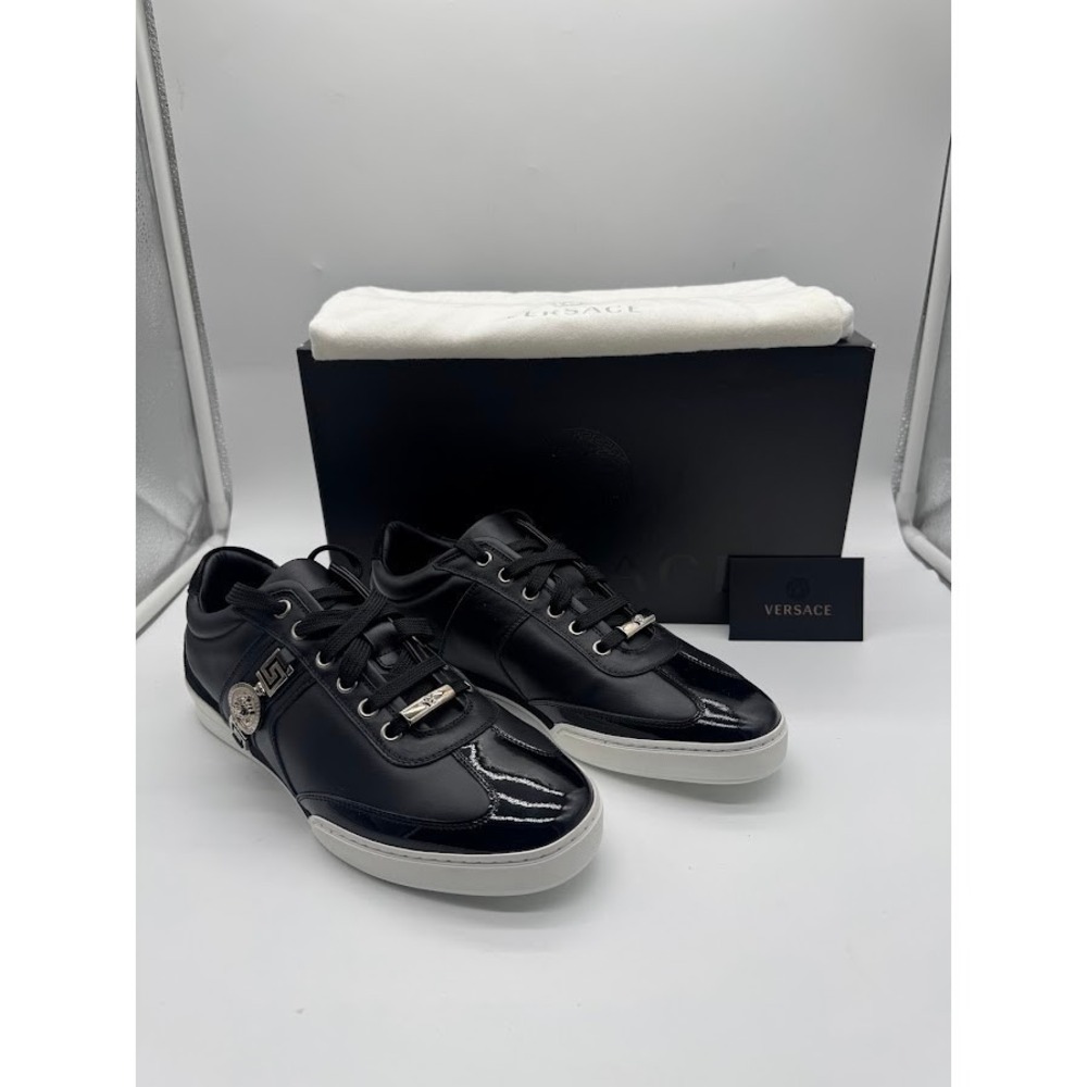 Versace Mens Black Leather Medusa Head Greca Low Top Sneakers Size 39 US 7 Italy